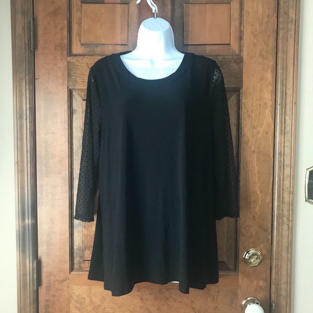 Anne Klein Black Pullover Top w/Sheer Velvet Polka Dot Sleeves Large